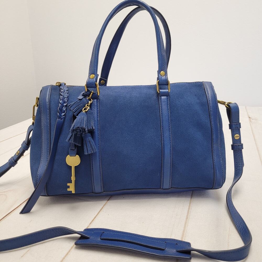 Fossil Kendall blue suede leather crossbody satchel bag purse